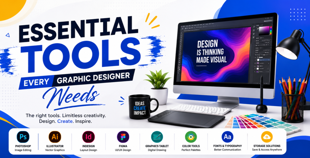 Essential tools every graphic designer needs include Adobe Creative Suite, Canva, Figma, and design resources that boost creativity and productivity